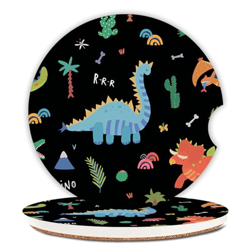 Cute Dinosaur Cup Holders Car Coasters Set for Women/Men,2.56" 2 Pack Universal Auto Anti Slip Coaster with A Finger Notch,Ceramic Stone with a Finger Notch for Easy Move.