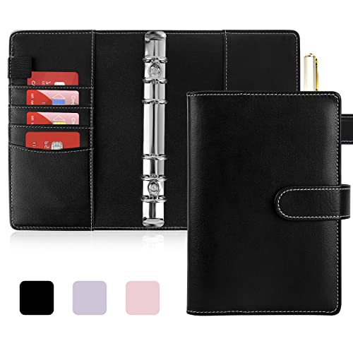 Onlyesh Classeur A6, 6 Anneaux Classeur Budget, PU Budget Planner avec Boucle Magnétique, Convient à A6 Enveloppe Budget, A6 Pochette Budget Transparente, Noir Foncé Cover