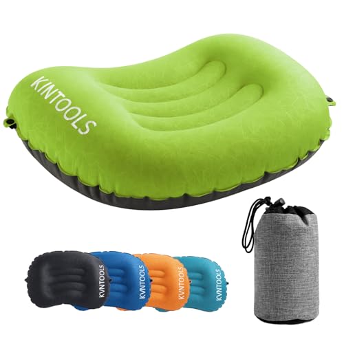 KVNTOOLS Camping Pillow-Compressible, Ultralight Inflatable,Compact, Comfortable, Ergonomic Inflating Pillows for Neck & Lumbar Support While Camp, Hiking(Green,with Anti Slip Straps)
