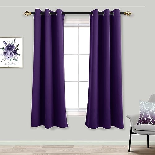 Mrs.Naturall Dark Purple Blackout Curtains for Bedroom 63 Inch Length 2 Panel Set Heat Light Blocking Room Darkening Curtains for Girls Room, Royal Purple