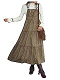 SOLY HUX Women's Floral Corduroy Overall Dress Retro Sleeveless Tiered Layer Flowy Long Pinafore Dresses Khaki Floral X-Large