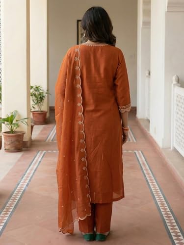 Image of INDO ERA Women's Silk Blend Embroidered Straight Kurta Pant with Dupatta Set