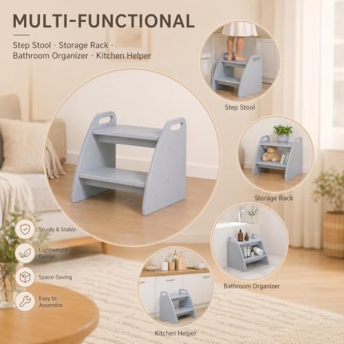 Image of Bamboo 2 Step Stool 300lbs Capacity, Grey Two Step Stool with Non-Slip Handles, Heavy Duty Stepping Stool for Bedside High Beds Adults, Sturdy Small Bathroom Kitchen Wooden Step Stool