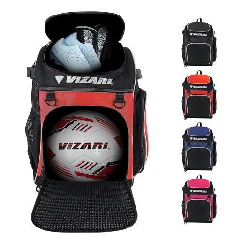 Vizari Soccer Backpack Soccer Bag | Water resistant Durable Equipment Bag for Football, Basketball, Volleyball | Cleats and Ball Compartment - Black, Blue, Red
