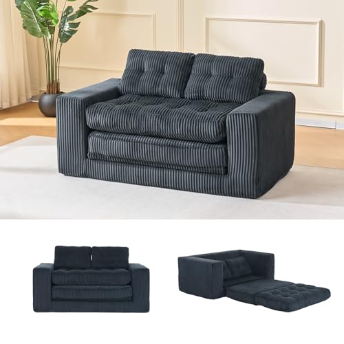 Yihomfy Canapé 2 Places en Velours côtelé, 140cm Petit Canapé Convertible, Design Pliable Canape Lit, sans Montage, Mousse Mémoire de Forme, pour Salon, Bureau, Appartement, Noir-A