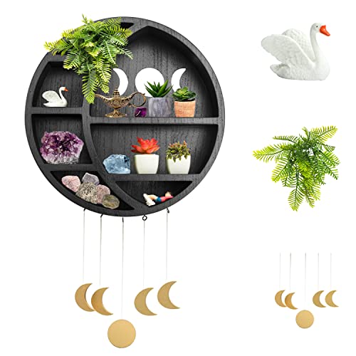 8Pcs Black Moon Shelf With Plants, 5Hanging Moons And Swam|14”Crescent Moon Shelf For Crystals Stone, Essential Oil, Plant And Art| Crystal Holder Farmhouse Shelves, Wooden Hanging Floating Shelves #TOP19