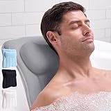 GORILLA GRIP Bath Pillow for Tub, 6 Strong Suction Cups, 4D Mesh FlexComfort Headrest for Neck, Head and Back Support, Luxury Machine Washable Pillows, Bathtub Accessories, Spa Gifts for Mom, Gray