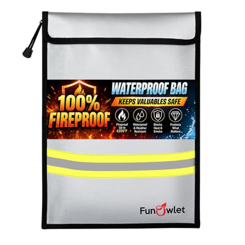 FunOwlet Fireproof Waterproof Money Document Bag, 15" x 11" Gray