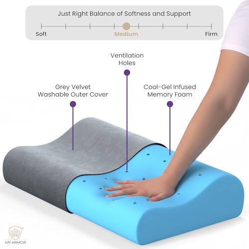 Image of MYARMOR Cool Gel Cervical Pillow for Neck Pain | Contour Design for Neck & Shoulder Pain Relief | Dual Height Ergonomic Support | 18 x 11 x 3.5 Inch | 2 Years Warranty | Grey Velvet Cover - Pack of 1