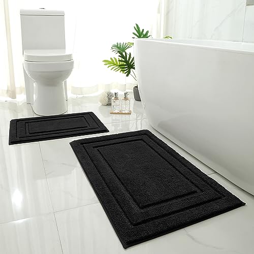 HOMEIDEAS Bathroom Rugs Sets 2 Piece Super Soft and Absorbent Non Slip Microfiber Machine Washable Bath Mat Set (20 x 32 + 16 x 24 Black)