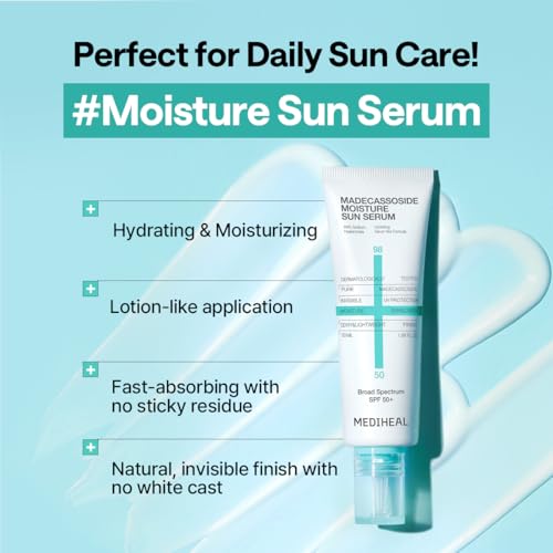 MEDIHEAL Madecassoside Moisture Sun Serum SPF 50+, Hydrating Korean Sunscreen for Face, Lightweight Serum Texture, No White Cast, Soothing & Dewy Glow Finish, Broad Spectrum UVA/UVB, 1.69 fl oz - Image 3