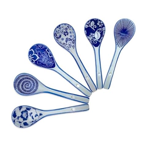 KeQiu Ceramic Non-slip Soup Spoons Set, 6.3 Inch Japanese Spoons for Wonton and Noodles, Dishwasher & Microwave Safe, Blue and White, Spoons Set of 6 Cover