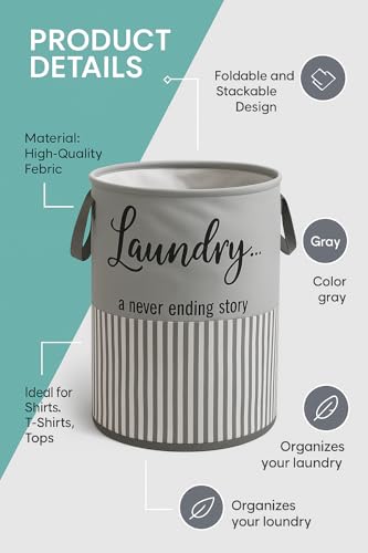Image of Foldable Laundry Hamper, Grey Striped Design, Stackable Fabric Storage Basket