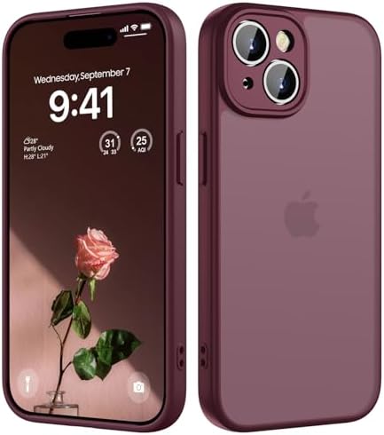 HGH für iPhone 15 Hülle, Dunkel Rot | Vollständiger Kameraschutz Stoßfest Kratzfest Anti-Fingerabdruck Transluzente Rückseite Matt Handyhülle für iPhone 15