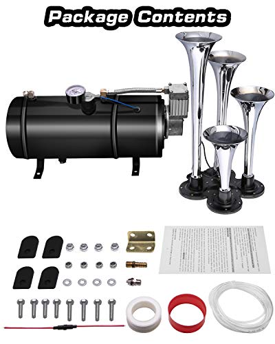 Carfka Air Horn for Truck Boats Car, 150DB Super Loud Train Horns Kit with 120 PSI Air Compressor, 4 Trumpets Horn, Silver, Vans,Tractors,Trains,Camper, RV’s, Off Road Vehicles