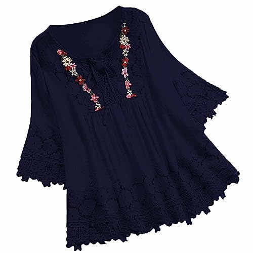 Caja de regalo para mujer, túnica vintage de verano bordada en el Reino Unido, floral, con cordones, cuello redondo, encaje, retazos, manga corta, flotante, swing, camisetas para salir, artículos para