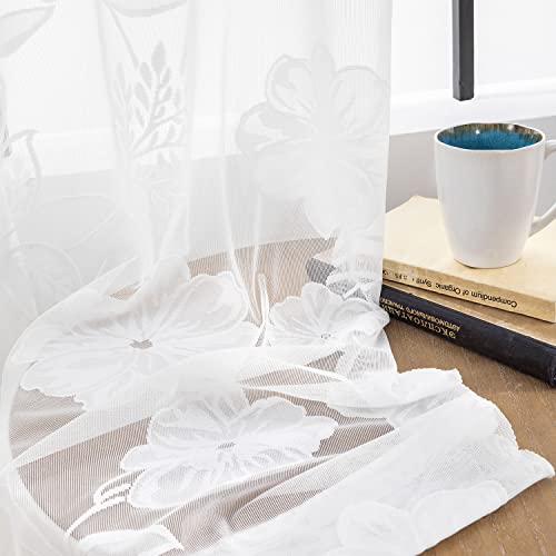 White Lace Sheer Curtains For Living Room 84Inch Vintage Rose Botanical Floral Leaf Lace Window Curtain Panel With Decorative Scalloped Edge For Bedroom 54"W 2Pcs Rod Pocket 7Ft Floor Length #TOP7