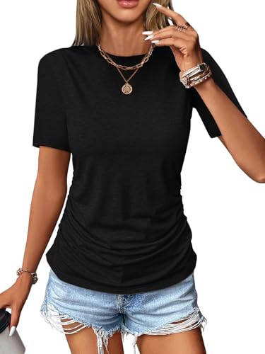 Womens Ruched Tops Short Sleeve T Shirts Crewneck Slim Fitted Top Casual Spring Summer Trendy Clothes 2025