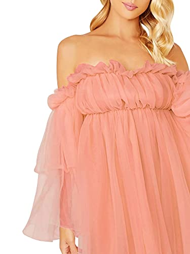 Romwe Women's Romantic Off Shoulder Flounce Long Sleeve Wedding Ruffle Mesh Party Mini Dress Coral Orange S #TOP2