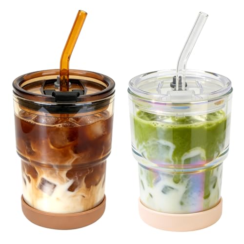 Zukro 13 oz Glass Cups with Lid and Straw 2 Pack, Non-Slip Rubber Bottom | Leak Proof Thick Wall Reusable Glass Drinking Tumbler for Iced Coffee, Tea, Water, Home & Office, BPA Free, Dishwas