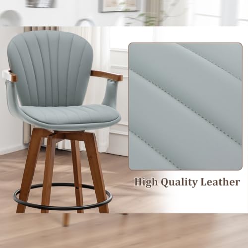 Image of LUNLING 26 inch Counter Height Stools,Mid Century Modern Bar Stools,Blue PU Leather Kitchen Island Stool,Wood High Barstools Swivel with Back and Arms for Home Bar Furniture,1PCS