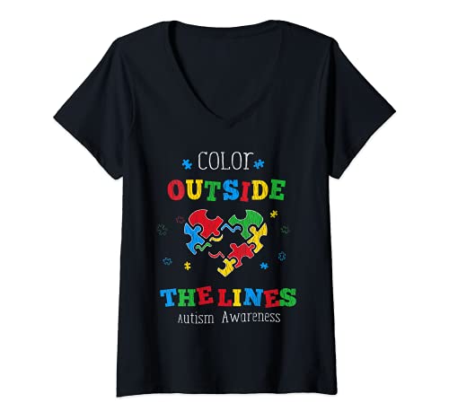 Damen Farbe außerhalb der Linien Liebe Autistic Kids Autismus Bewusstsein T-Shirt mit V-Ausschnitt