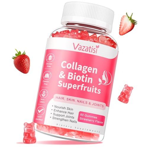 Vazatisi Sugar Free Collagen Gummies for Women Men, Multi Collagen Peptides Gummies Type I II III V X with Biotin Vitamin A B C D E for Hair Skin Nails, Strawberry Flavor, 60 Count
