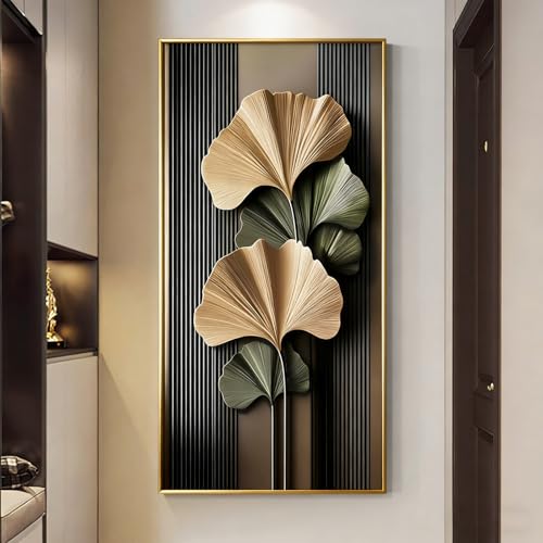 Peinture ginkgo 3D effet cristal porcelaine lumineux pour salon