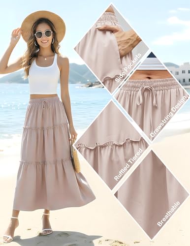Aprolive Womens Summer Maxi Skirt Drawstring Elastic High Waist Skirt Tie Long Skirts A-Line Skirts Flower Boho Dress 2026 Clothes(1-Tan,Large) — view 6