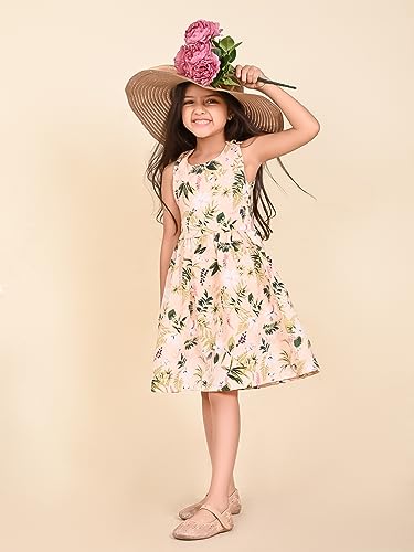 Image of LILPICKS Floral Printed Sleeveless Criss Cross Back Fit n Flare DressFor Girls (Beige)