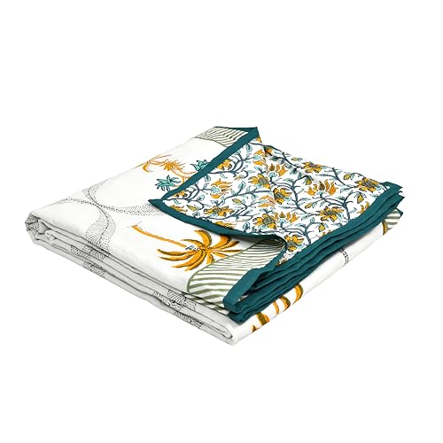 Image of BLOCKS OF INDIA Hand Block Printed Cotton Single Size Reversible Malmal Dohar for Summer (Yellow Tree)