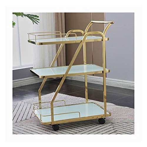 ZXCVBNM Chrome Metal Bar Wine Tea Serving Cart with Tempered Glass Universal Casters, Leveling Feet Glass Serving Trolley Kitchen cart with Storage (Color : Glass Gold Frame+White Glass)