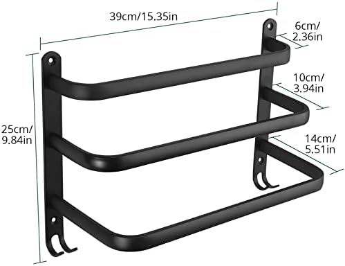 Towel Rail Self Adhesive, JiGiU Towel Holder Hanger 40cm/16inch Triple Towel Shelf bar with 5 Hooks Aluminum Multi-Function Towel Rack Wall Mounted for Bathroom Shower Kitchen Hotel,Black