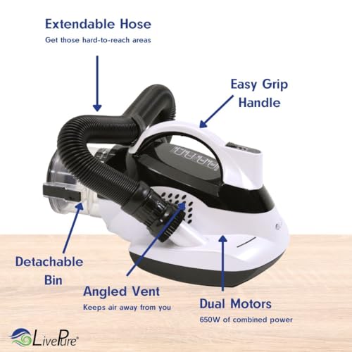 LivePure - Ultramite Handheld HEPA Filter Vacuum & Fabric Sanitizer - Dual Motor Brush, UVC Light, And Anti- Allergen Filter To Remove Dust Mites, Bacteria, Viruses