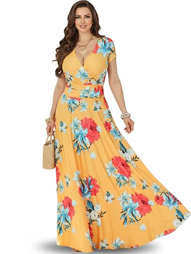 KOH KOH Plus Size Womens Long Flowy Modest V-Neck Short Cap Sleeve Casual Floor Length Floral Flower Print Summer Sundress A-line Maternity Tall Maxi Dress Gown, Yellow and Pink XL 14-16