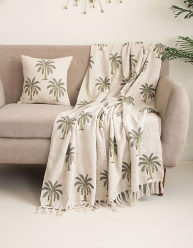 Image of Handwoven Cotton Sofa Throw Blanket 50x70 Inch with 2 pcs Cushion Covers 16x16 Inches Beige (Pack of 3, Palm Tree)