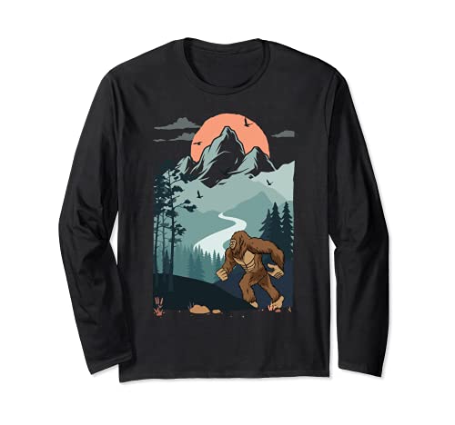 Mountain sunset Pine Tree Bird flying sky Walking Bigfoot Maglia a Manica