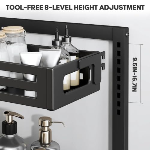 Image of 2 Pack 19IN-Depth Under Sink Organizer,Pull Out Cabinet Organizer With Smooth Cylindrical Rail,Metal Slide Out Drawer for Kitchen Bathroom Laundry,8-Level Tool Free Height Adjustable-Black