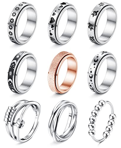 Adramata 9 Stück Spinner Ringe für Damen Herren Edelstahl Fidget Band Ring Set Mond Stern Herz Blume Stressabbau Fidget Angst Ringe Cover