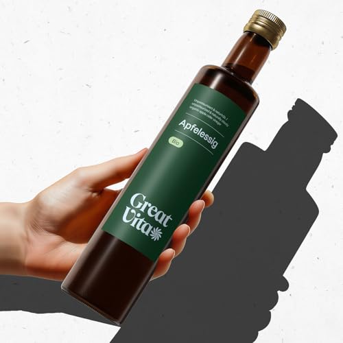 Foto von GreatVita Bio Apfelessig 1 Liter | Naturtrüb & ungefiltert mit Essigmutter - 100% Bio Qualität aus kontrolliert biologischem Anbau | Frei von künstlichen Zusatzstoffen - Aufdruck kann variieren