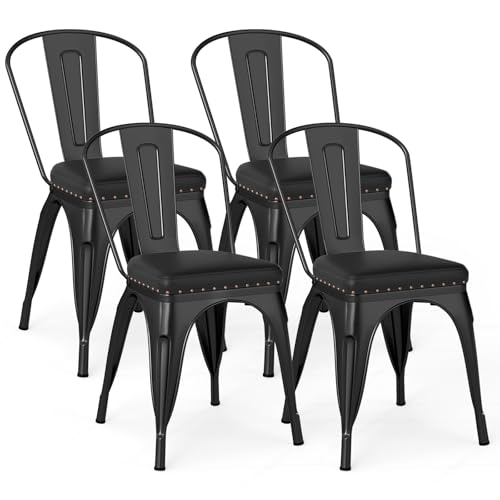 COSTWAY Lot 4 Chaises Salle à Manger Tolix Empilable Industriel en Métal, Chaise Industrielle avec Dossier Charge 120kg pour Bistrot, Cuisine, Bar, Café (Noir,54.5 x...
