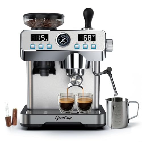 GeniCup Espresso Machine with Grinder 20 Bar Professional Expresso Coffee Machines for Home Customizable 194℉-203℉ Temp Control Espresso Maker with 68oz Water Tank All-in-One Coffee Maker Cold Brew