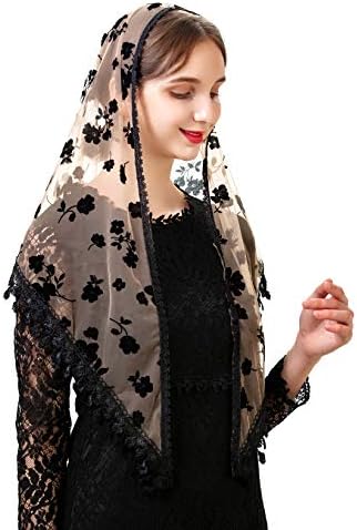 Pamor Triangle Lace Veil Mantilla Cathedral Head Covering Chapel Veil for Mass Wedding Bridesmaids (Beige and Black)
