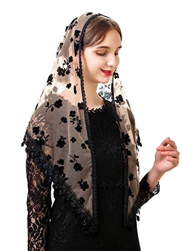 PAMOR Triangle Lace Veil Mantilla Cathedral Head Covering Chapel Veil for Mass Wedding Bridesmaids (Beige and Black)