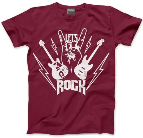 Kids Rockstar Tshirt - Childrens Let's Rock! Guitar Band Kid T-Shirt Rock Star Day Top Rock N Roll Unisex School Tee - 7-8 Years Maroon