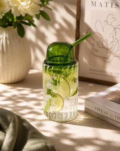 Image of Premium Ribbed Glass Tumbler with Glass Lid & Straw | Borosilicate Drinking Glass for Iced Coffee, Juice, Smoothies & Cold Beverages | Lightweight Aesthetic Glass Cup (Green Tumbler)