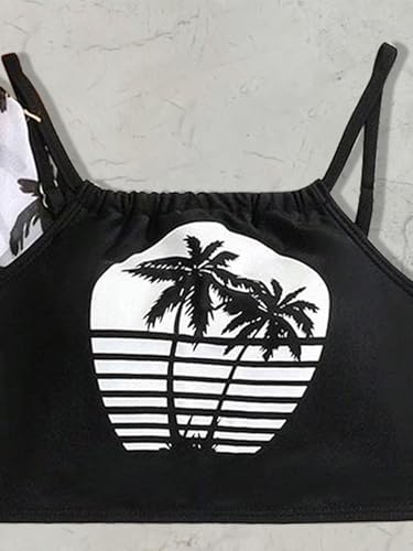 Image of Girl's 3 Piece Set Coconut Tree Print Bikini Sets Bathing Suit Black 10Y