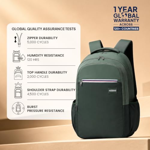 Image of American Tourister Nexa Style 01 | 36L Backpack | Casual Bag | 3 Compartments | School & College Backpack for Men and Women | Olive | 1 Yr Global Warranty