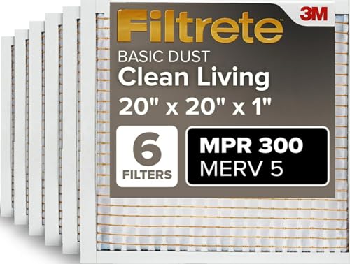 Filtrete 20x20x1 Air Filter MERV 5, 6-Pack AC Furnace HVAC, MPR 300 Basic Dust Defense, Pleated Electrostatic, Removes Lint