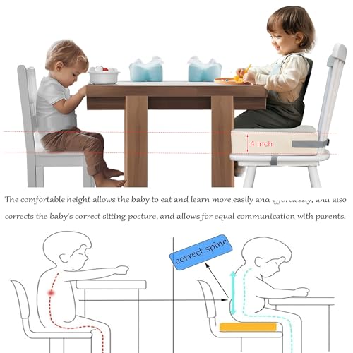 Image of Eiury Booster Seat for Kitchen Chair, Toddler Booster Seat for Dining Table, Waterproof PU Leather Kids Seat Cushion with Adjustable Straps, Non-Slip Bottom, Wipeable Seat Pad, Grey+White